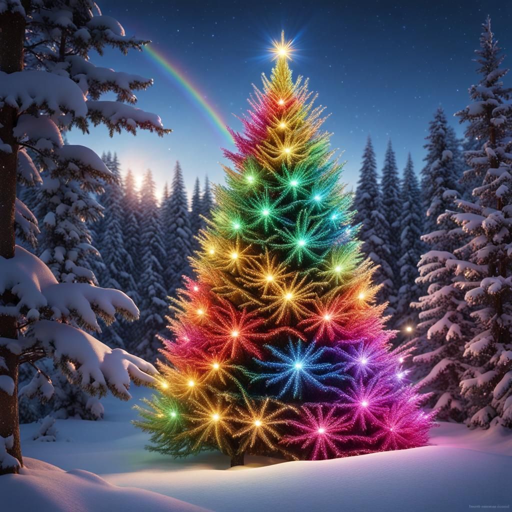 Rainbow Tinsel Christmas Tree in Snowy Forest