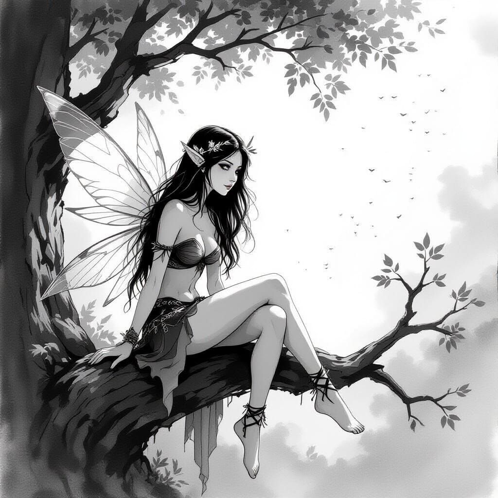 Fairy in Tree: Charcoal Line Art Sketch