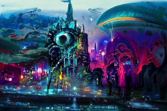 Psychedelic Cyberpunk Cityscape with Sunshine Rays