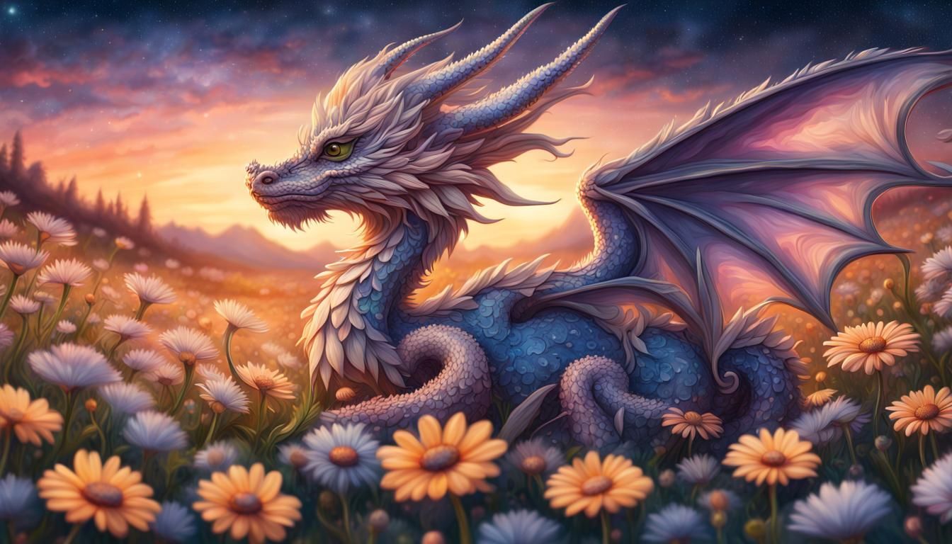 Ornate Daisy Dragon in Fantasy Flower Field