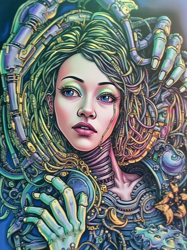 Cyberpunk Dreamscape with Biomechanical Forms