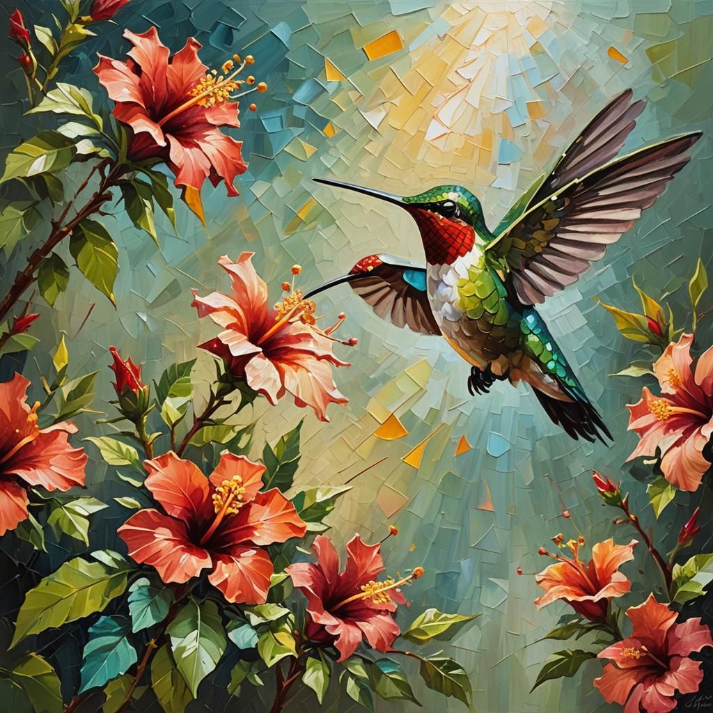 Hummingbird and Hibiscus in Impasto Oil Painting