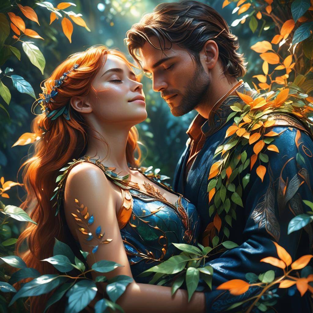Serene Couple Embracing in Lush Dreamscape: Digital Art