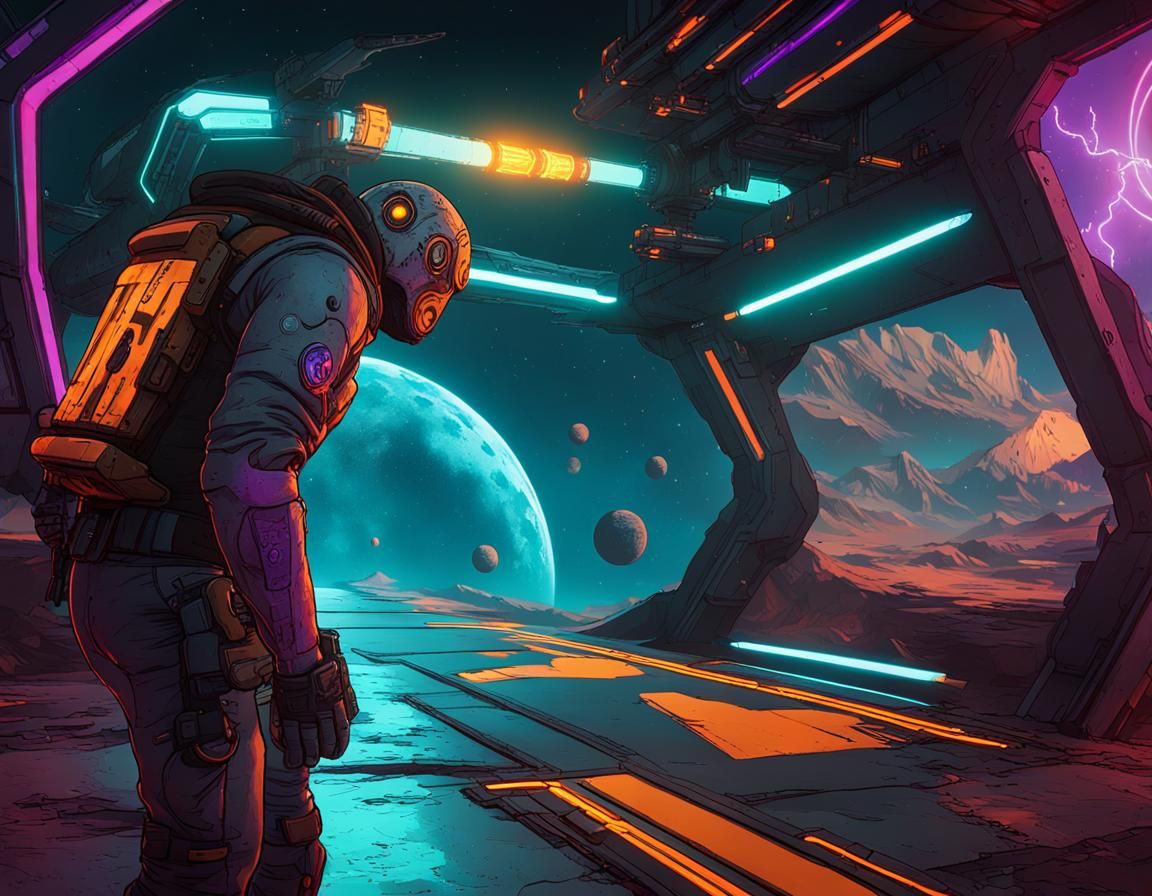 Cyberpunk Hunter Under Pleasure Barge in Outer Space