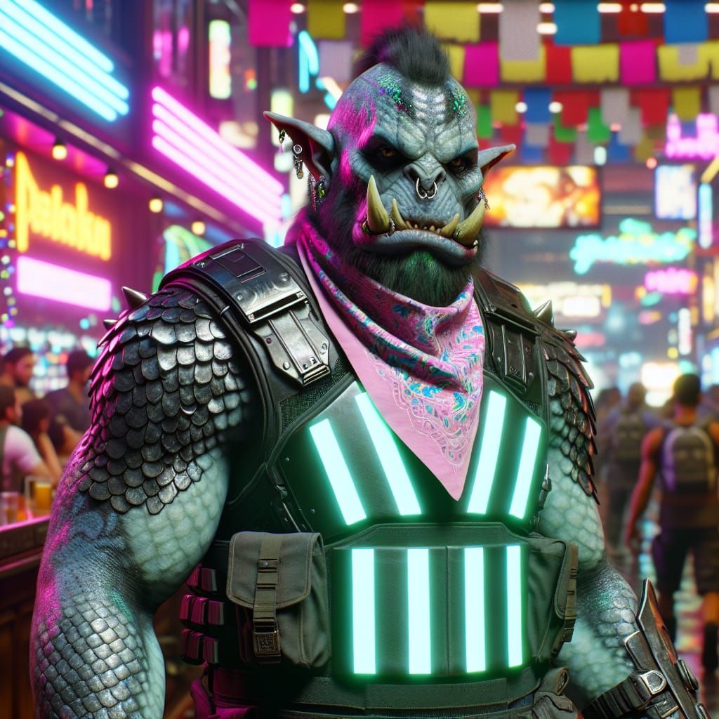 Ominous Orc Warrior in Cyberpunk Bar