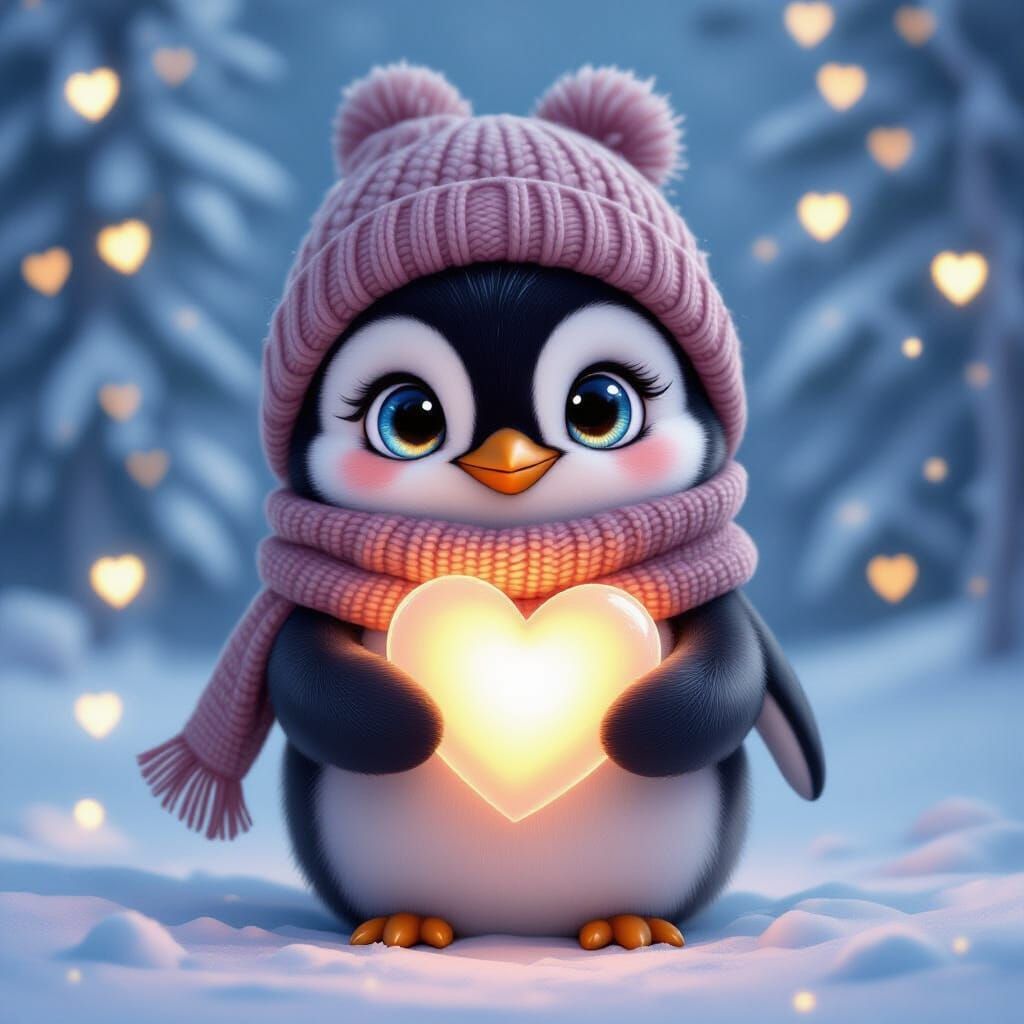 cute illustration of a whimsical realistic furry penguin with oversized sparkling watery eyes, wearing a knitted hat and...
