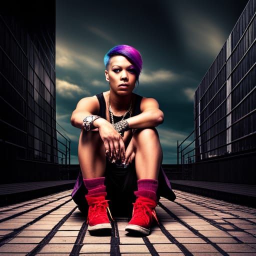 Female hip-hop artist with purple hair.