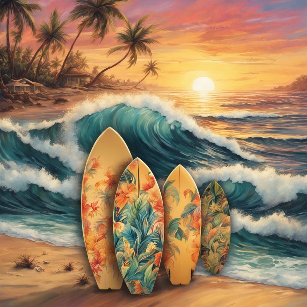Tropical Surfboard Design with Vibrant Sunset Hues