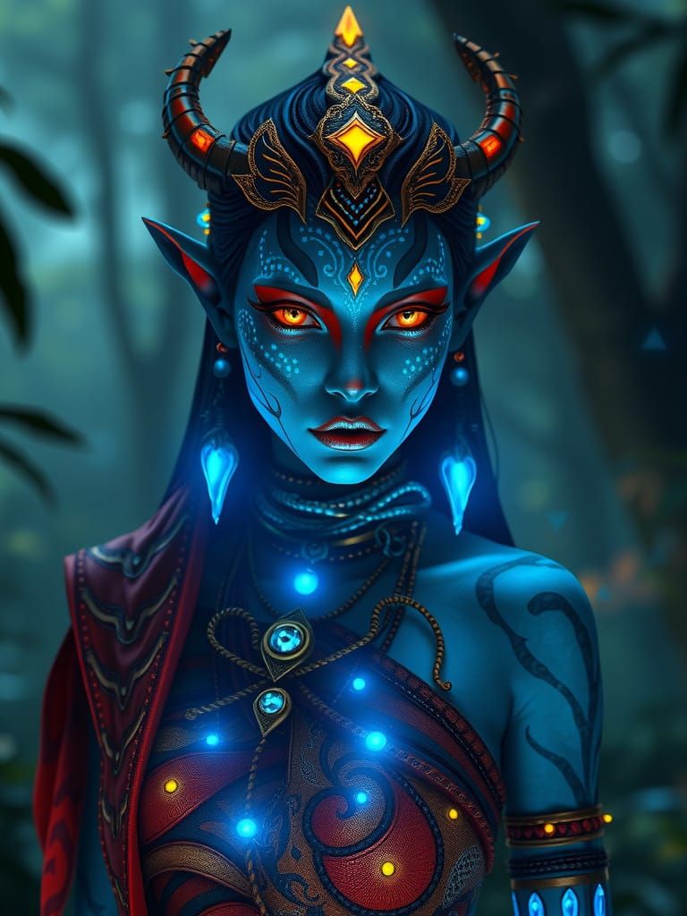 A Navi woman with iridescent, glimmering blue skin, adorned in intricately woven, organic attire crafted from natural fi...