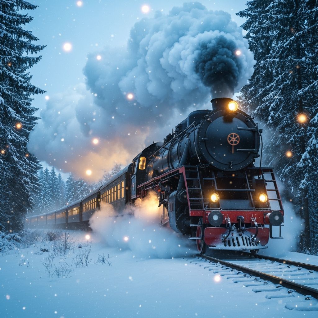 Vintage Steam Train in Snowy Forest Twilight