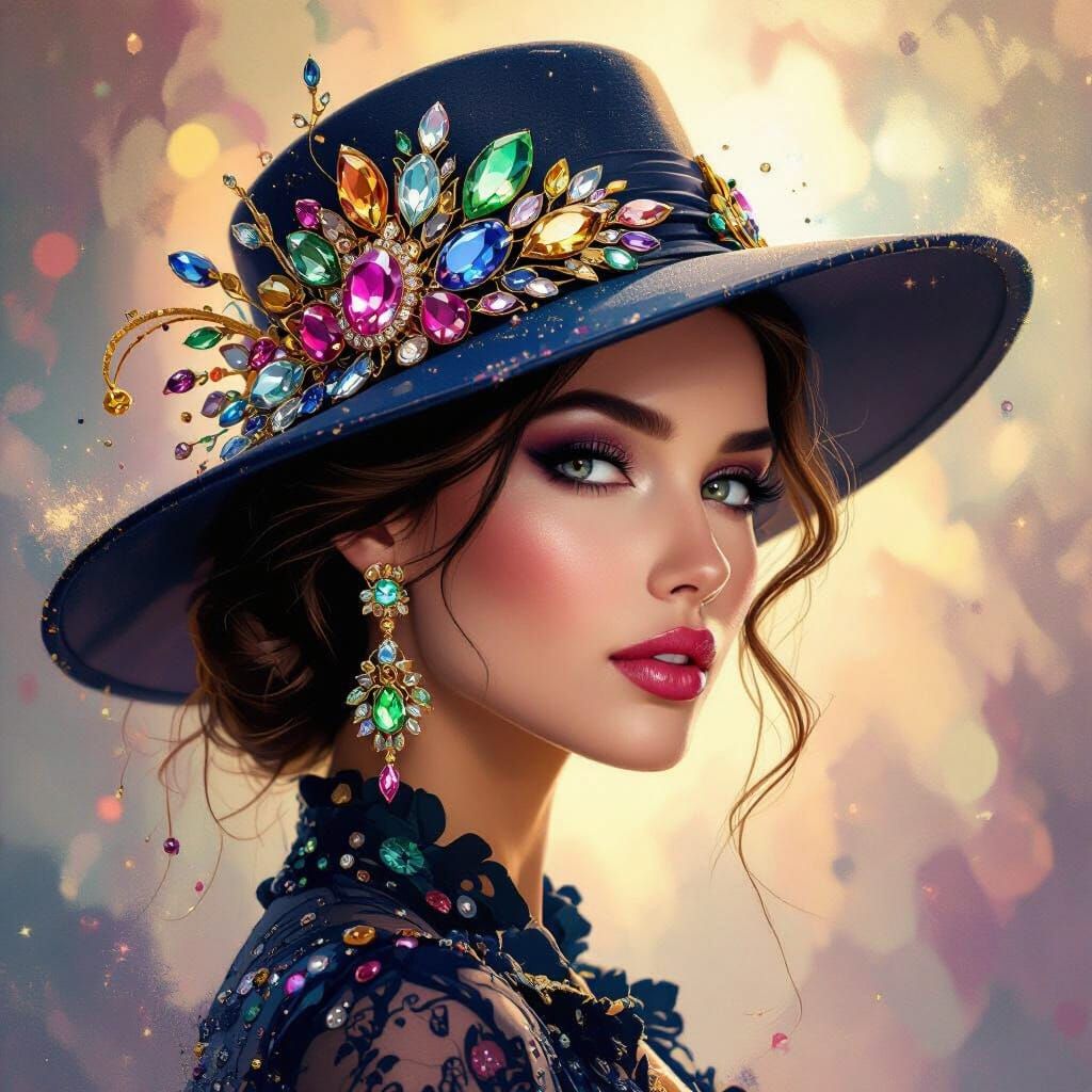 Elegant Lady in Gemstone Hat with Dramatic Lighting