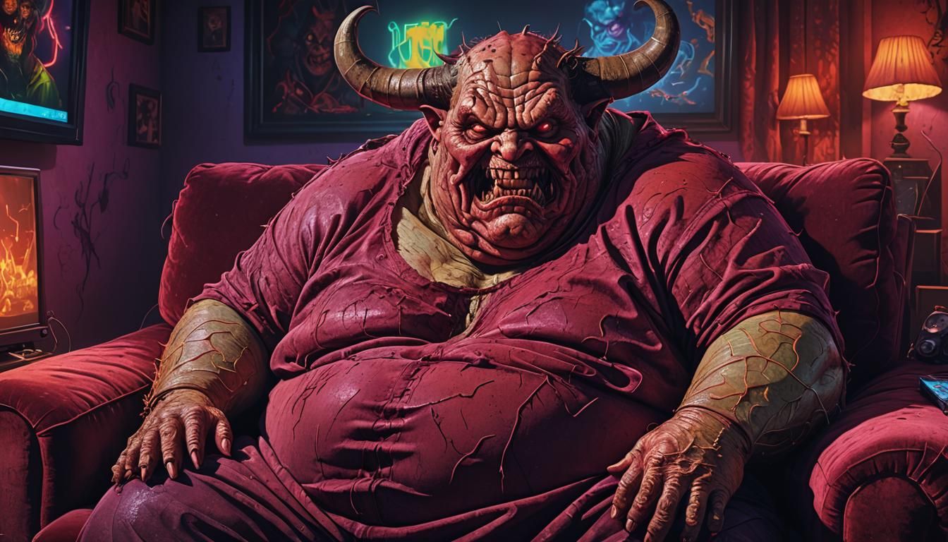 Obese Demon Watches TV: Hyperrealistic Digital Art