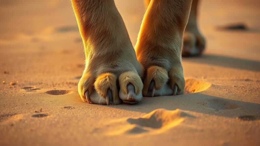 Regal Lion's Footprints on Serene Beach at Dawn