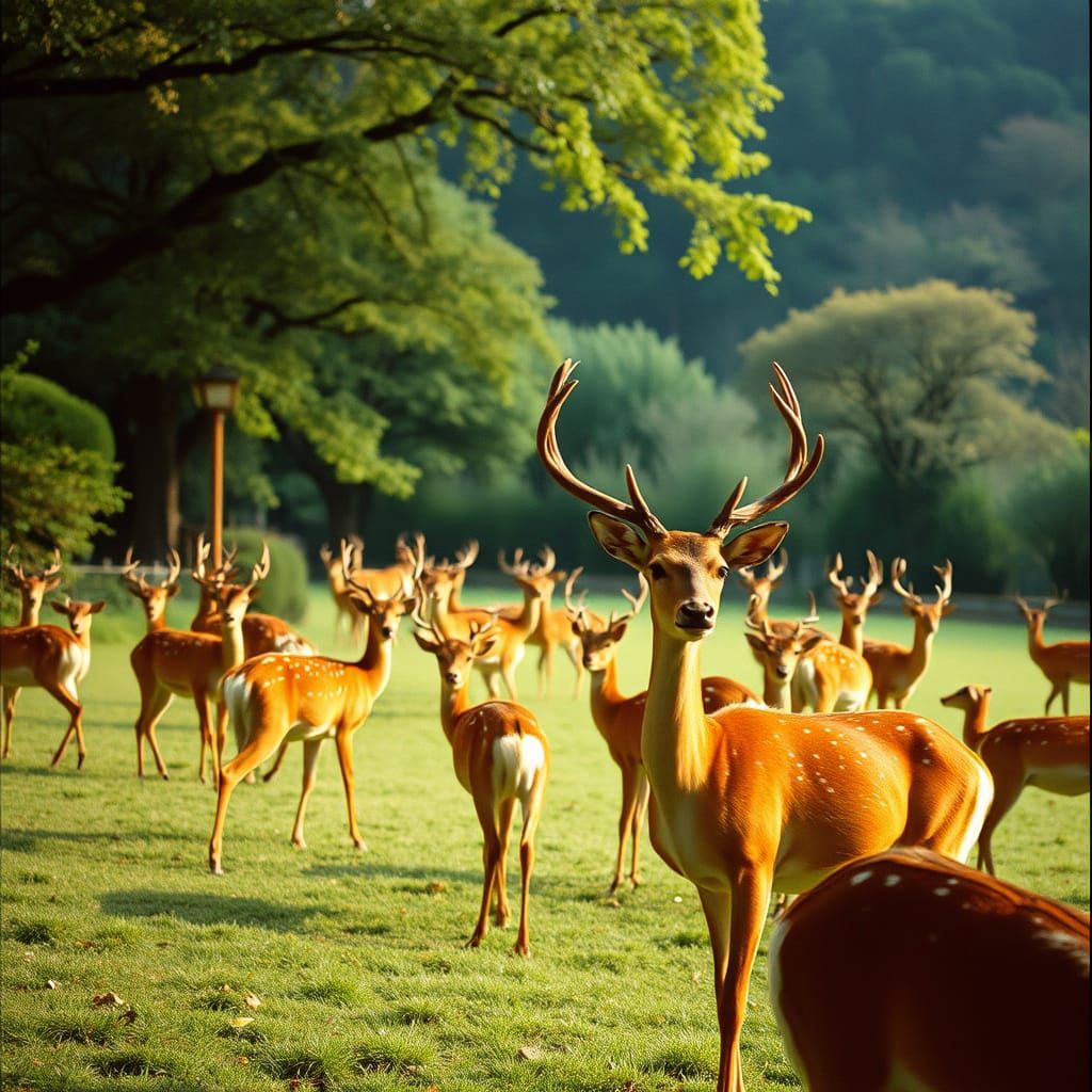 Majestic Deer Roam Freely in Serene Japanese Park
