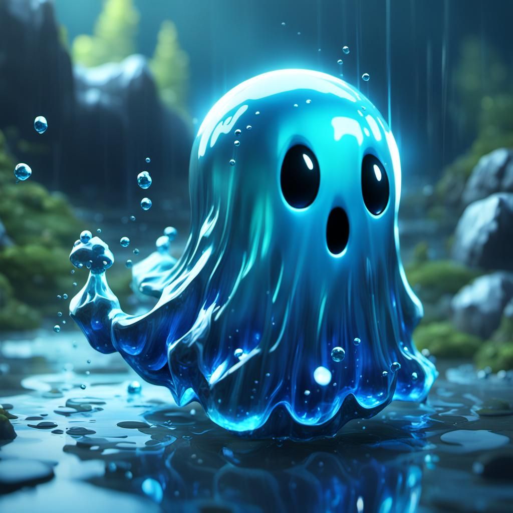 blue  reflective cute ghost ,water splash,magnificent detailed shiny puffy 3d crisp , ,unreal engine 5 ,128 bit graphics...
