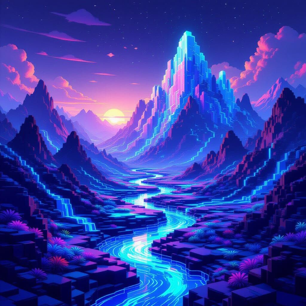 Surreal Digital Landscape of Data Mountains and Rivers