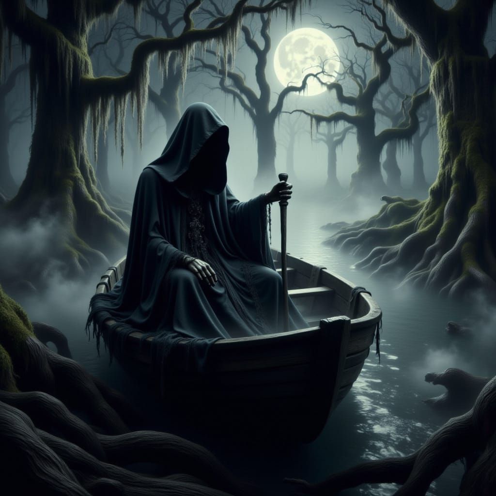 Dark Fantasy Grim Reaper Drifts Through Haunting Swamp
