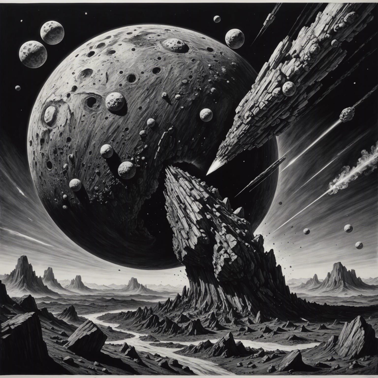 Asteroid Destroys Earth: Hyperdetailed Charcoal Drawing