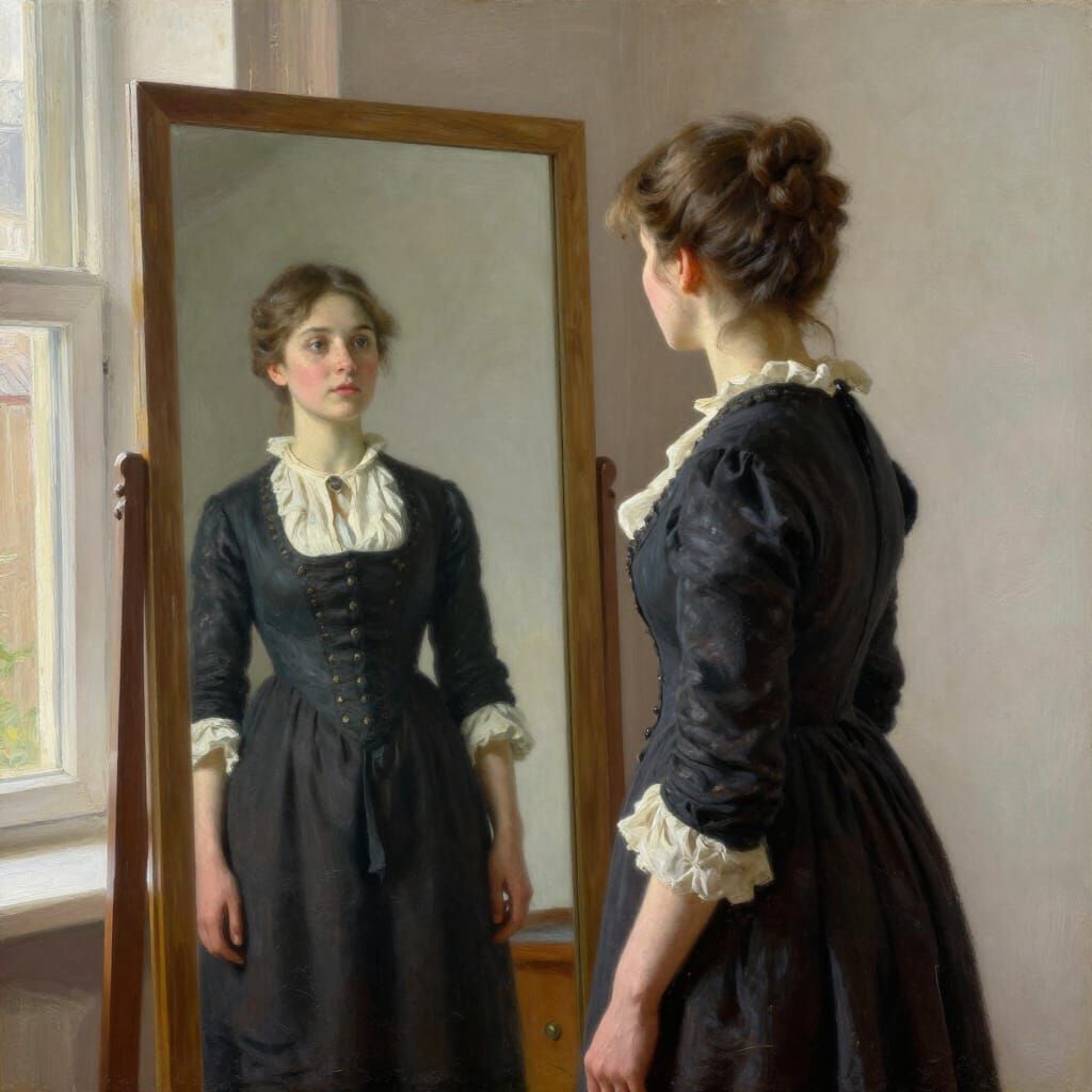 19th Century Woman Gazes at Mirror Reflection in Oil Paintin...