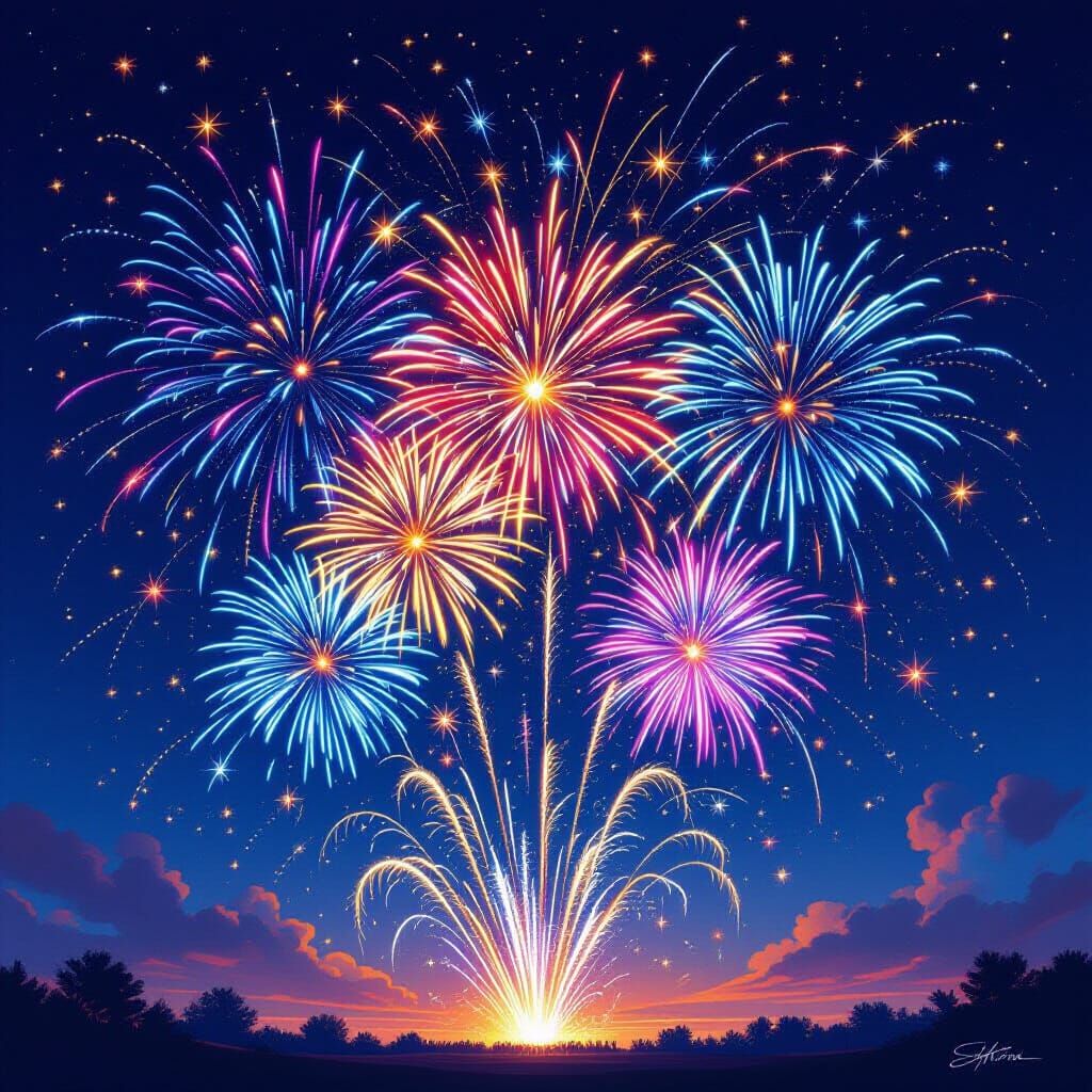 Dazzling Fireworks Display in Night Sky Digital Painting