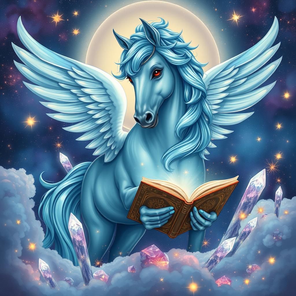 This pegasus is male with dark red eyes, a pastel blue coat,...