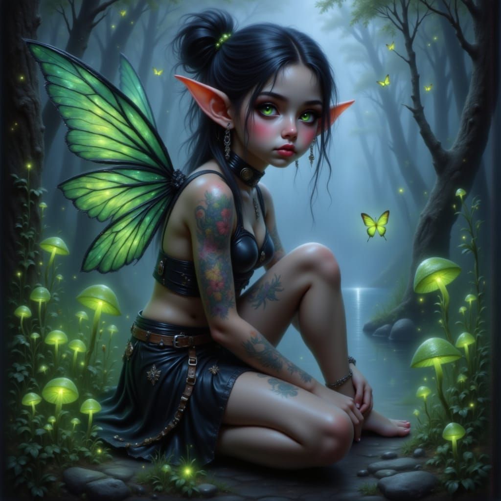 Elf Woman with Neon Hair and Fairy Wings in Forest