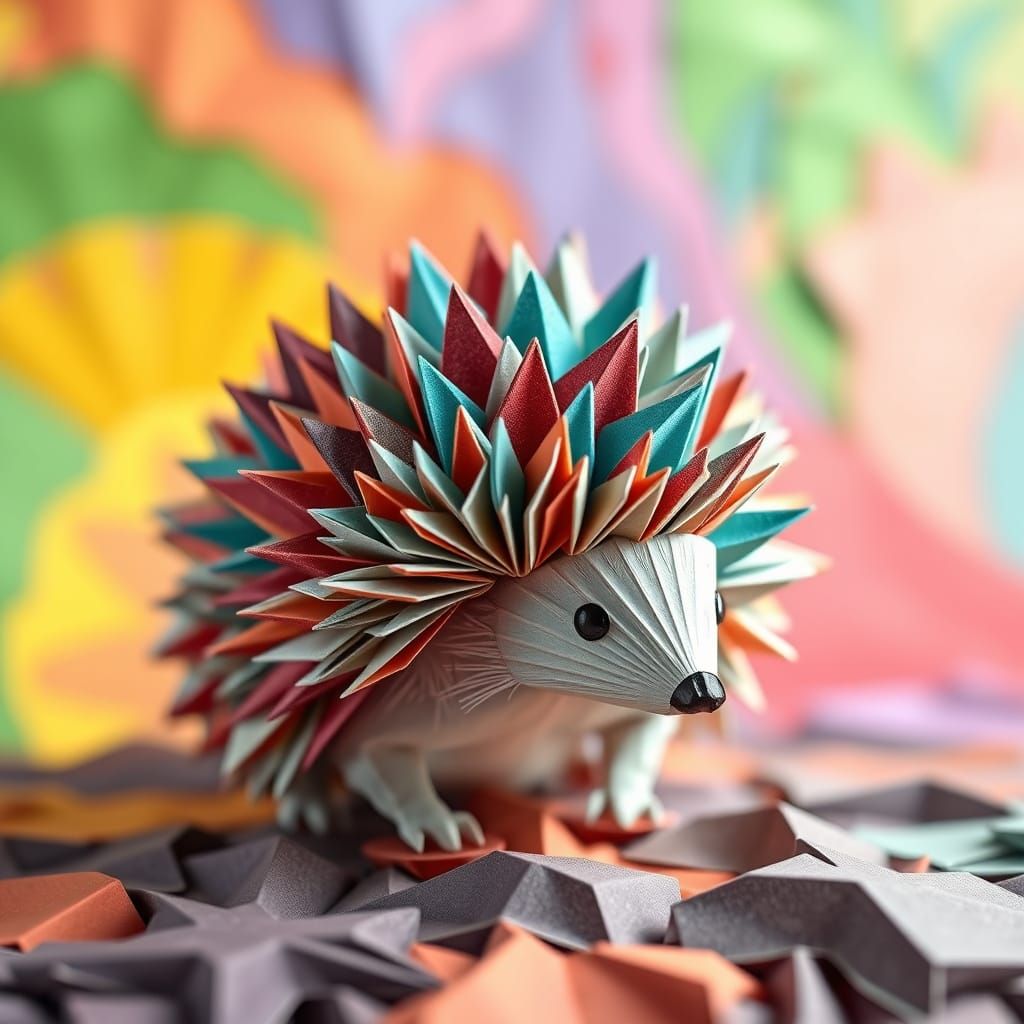 Origami Hedgehog with Geometric Papercraft Background