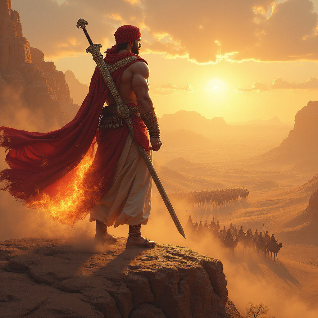 Arabian Warrior Confronts Army: High-Fantasy Concept Art