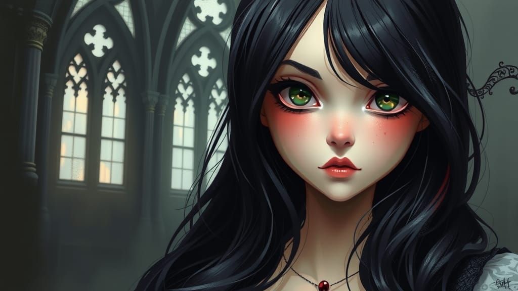cute gothic girl with beautiful face and black long hair