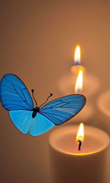 Candles in Dark Room with Blue Butterflies