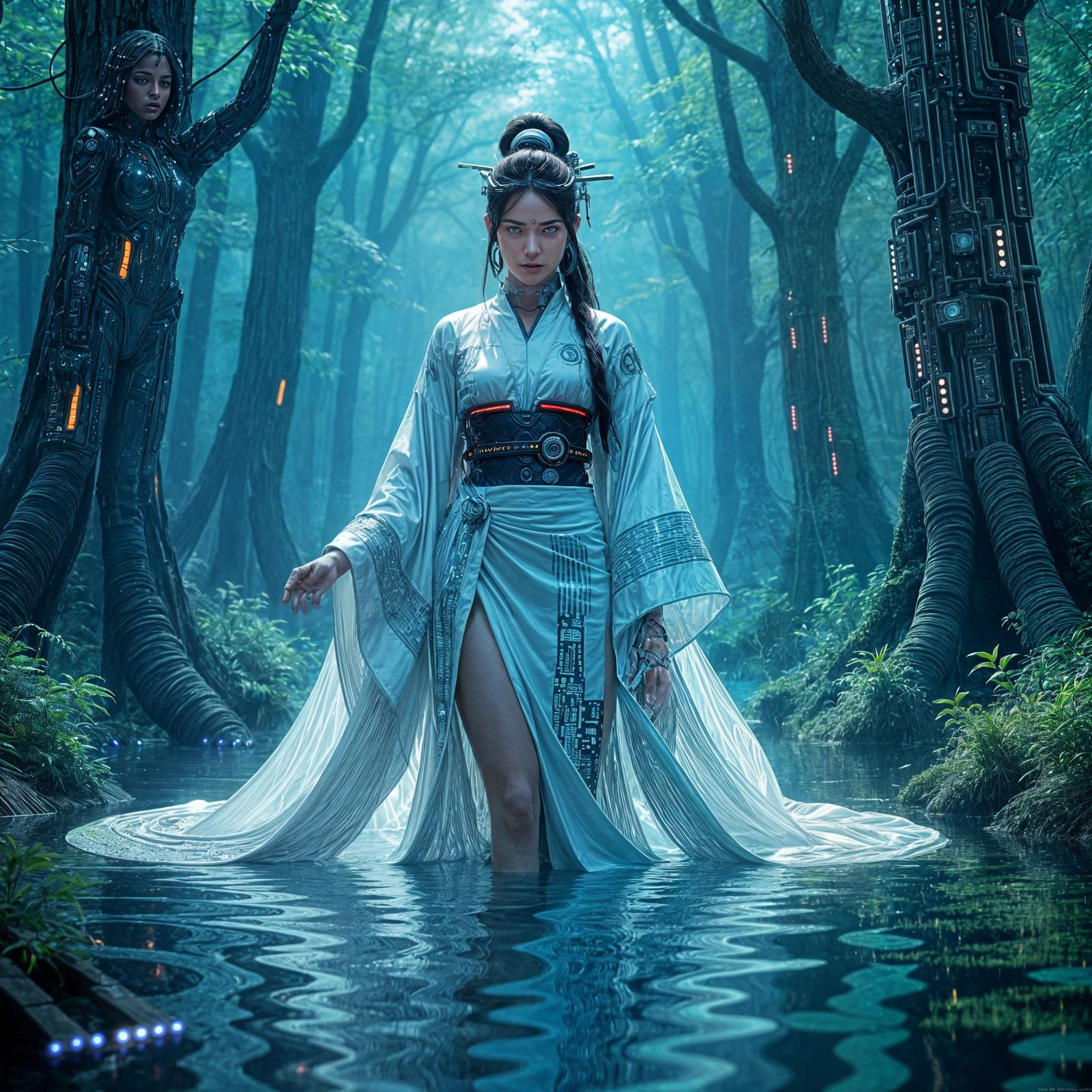 Cyberpunk Earth Goddess Emerges from Digital Forest