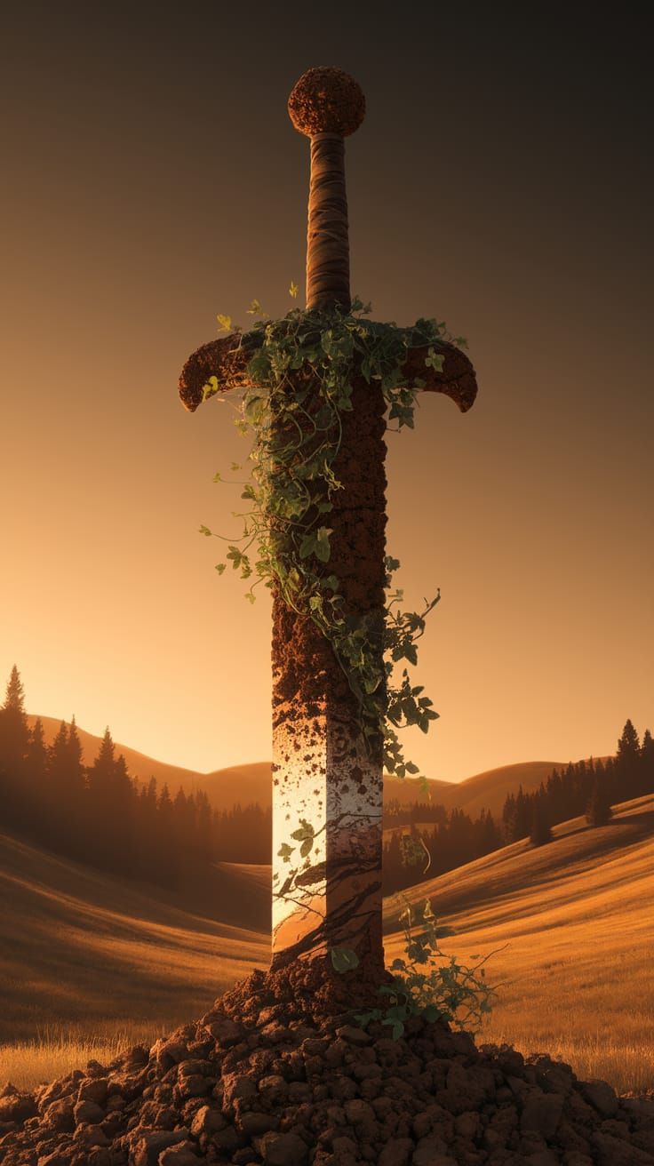 Earthly Epicenter: A Vibrant, Golden-Hued Sword Emerges from...