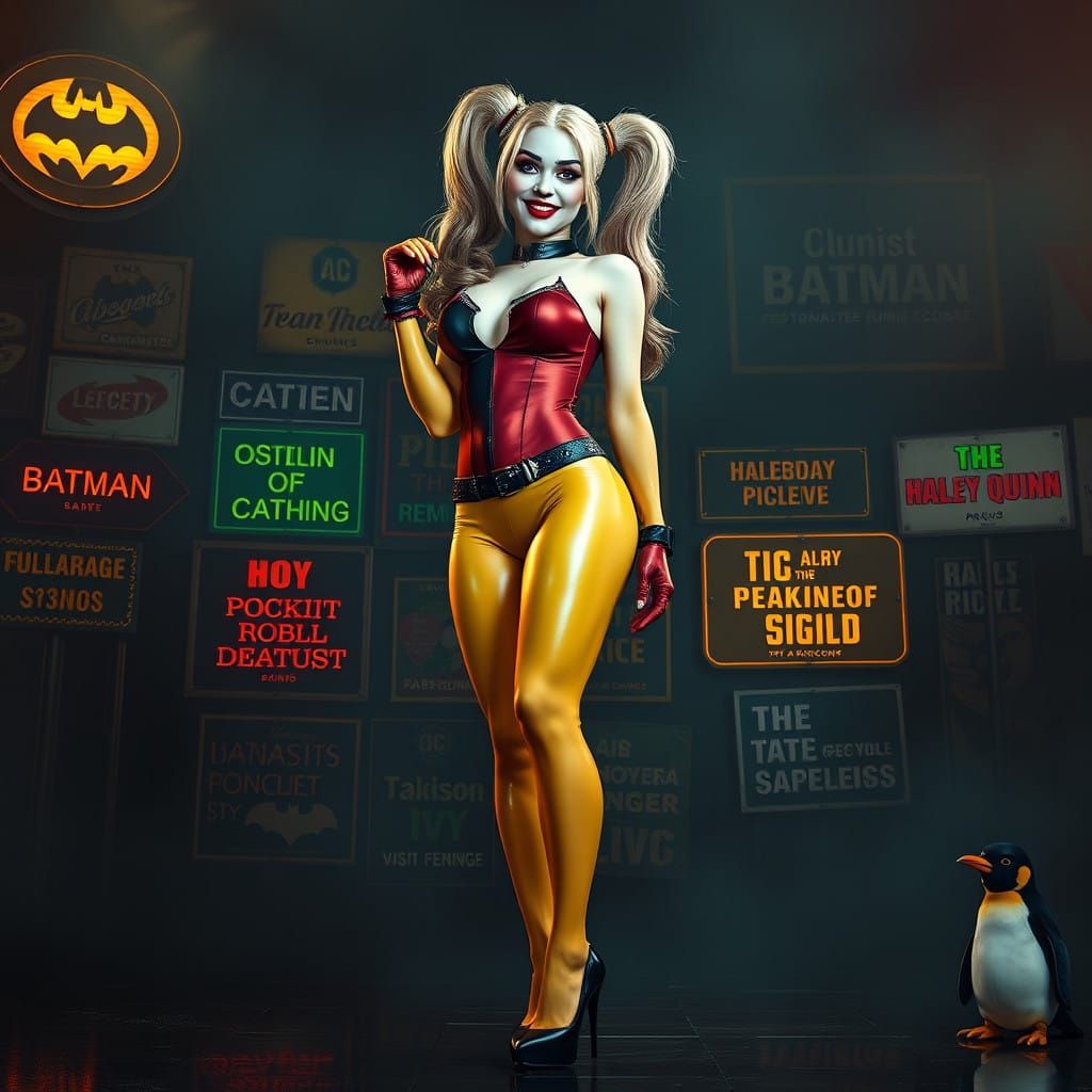 Harley Quinn, yellow shiny pantyhose, , long legs, high heel...