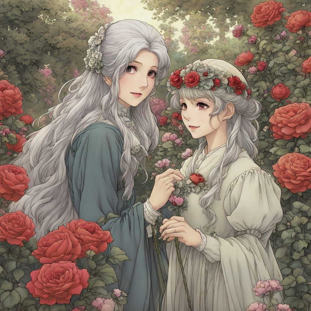 Cheerful Women in Rose Garden, Arthur Rackham Anime Style