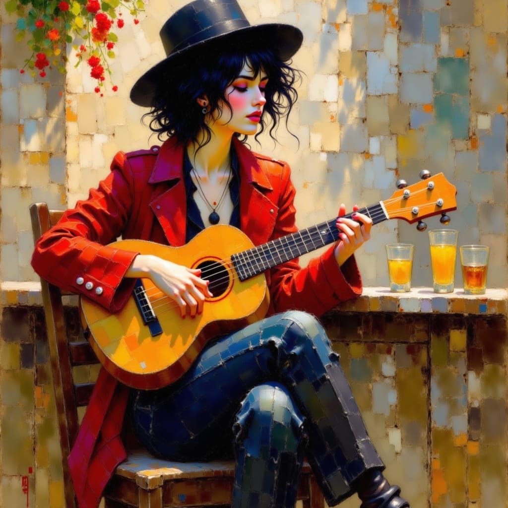 Woman Playing Ukulele in Impressionist Style