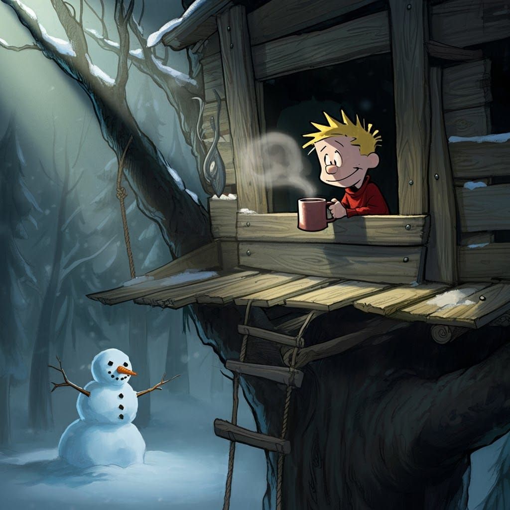 Calvin in Treehouse Fortress Observes Snowman T-Rex