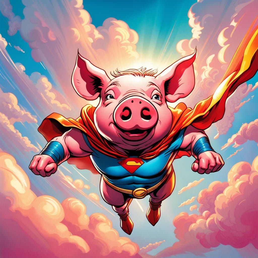 Superhero Pig Flies Over Colorful Clouds