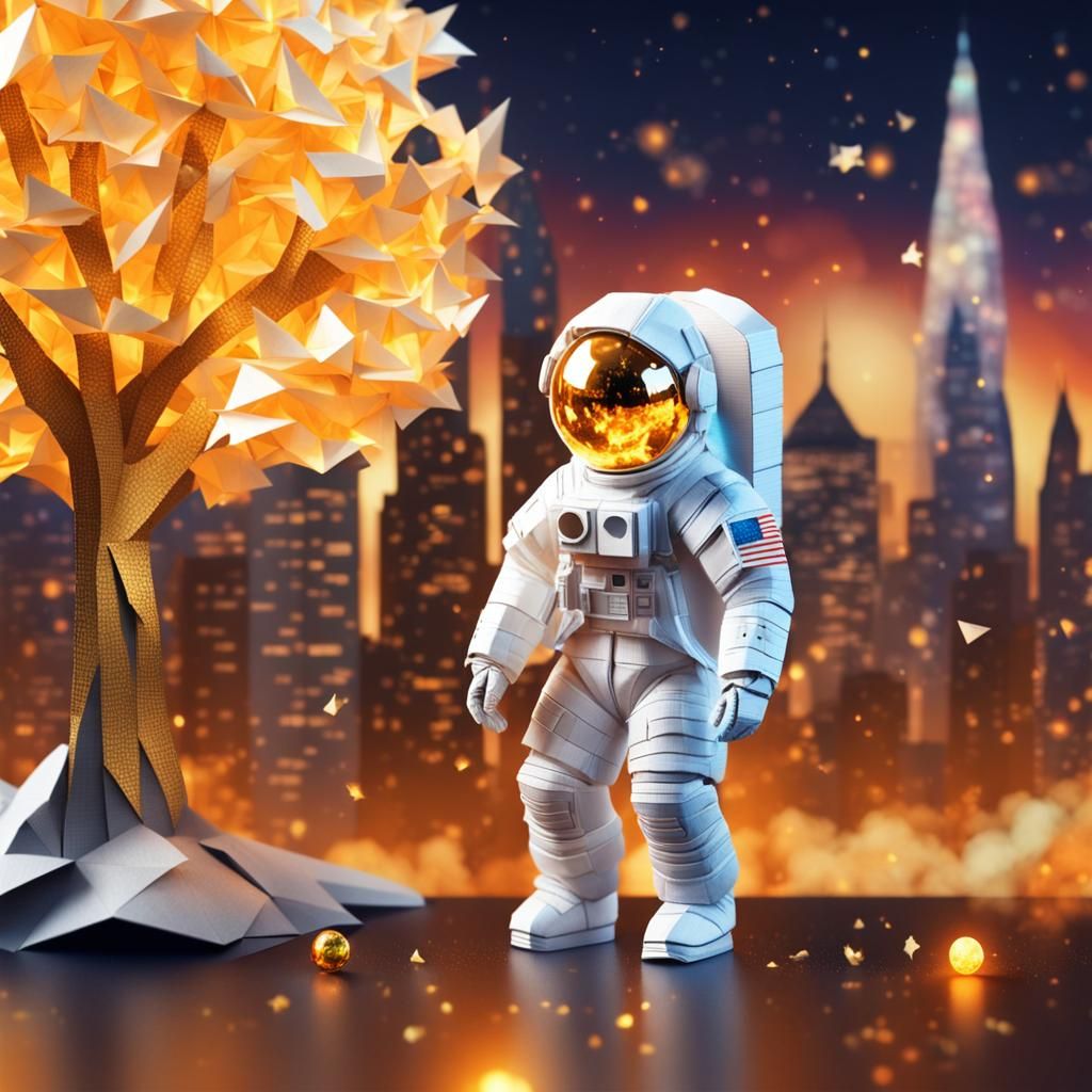 Astronaut with Golden Tree Orb in Burning City