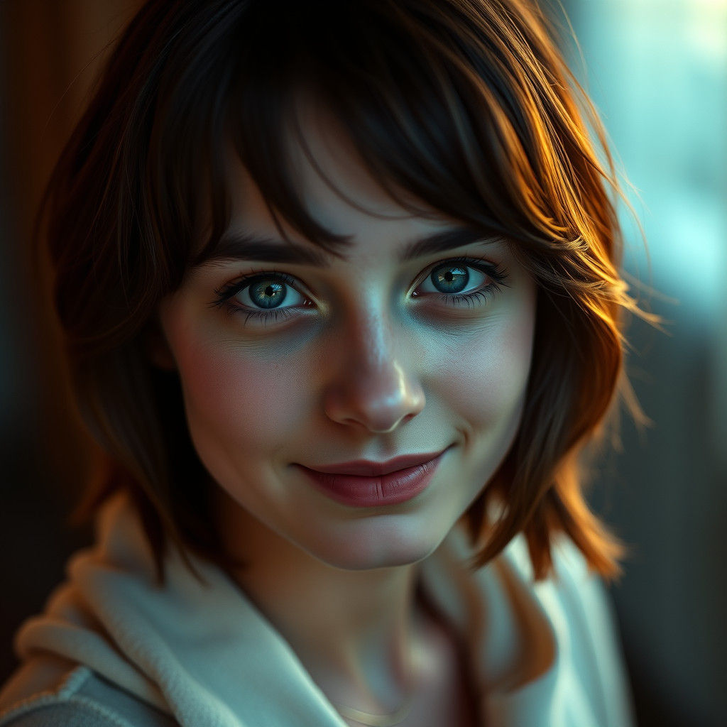 Young Woman with Short Hair in Cinematic Film Still