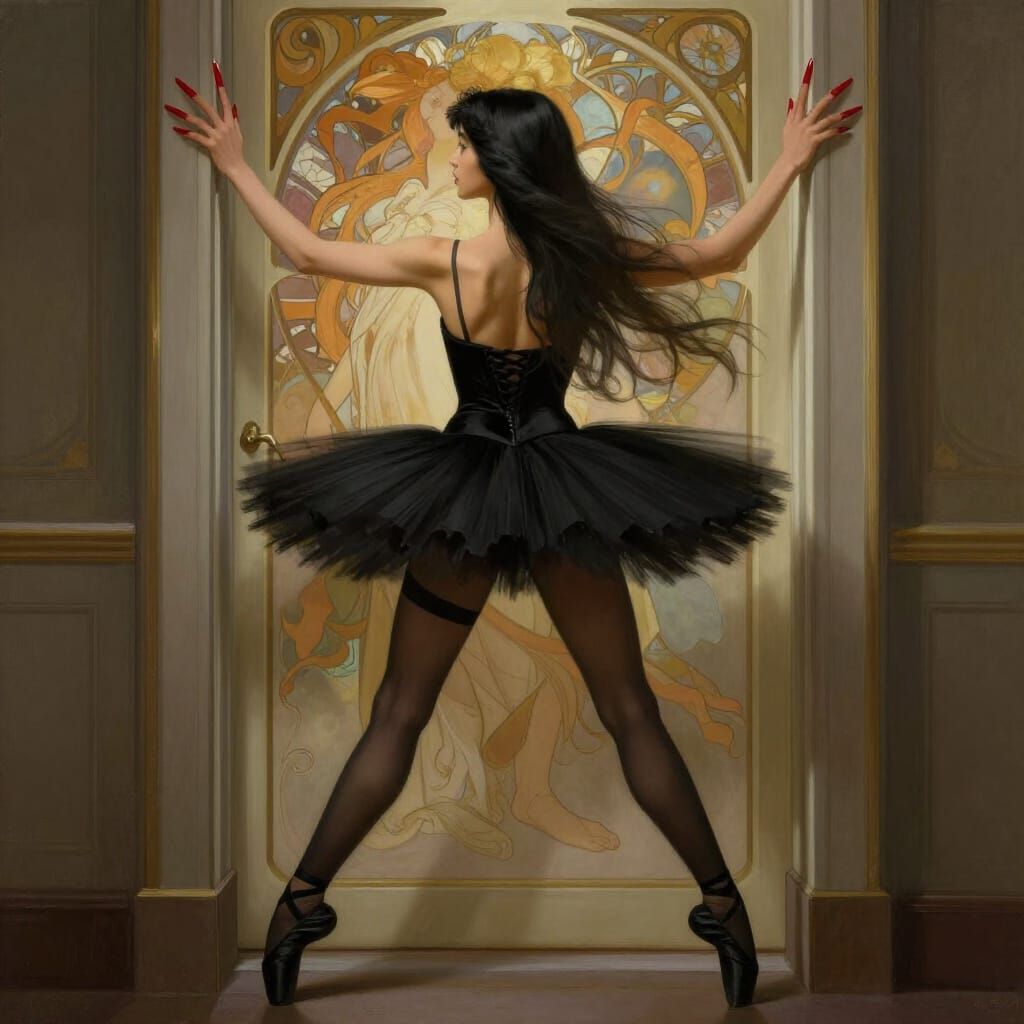 Ballerina in Doorway with Red Nails, Cinematic Lighting