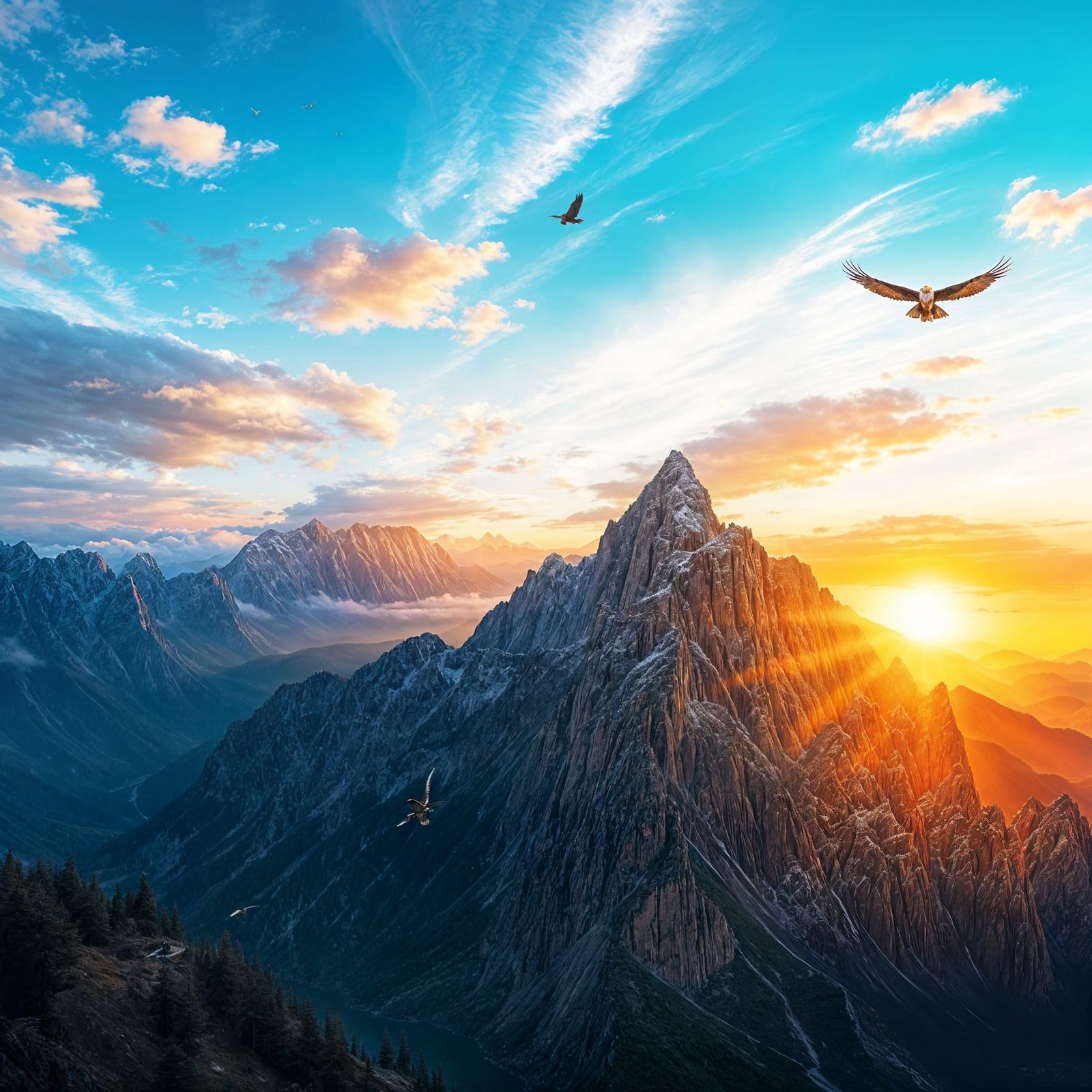 Epic Mountain River Landscape with Eagle