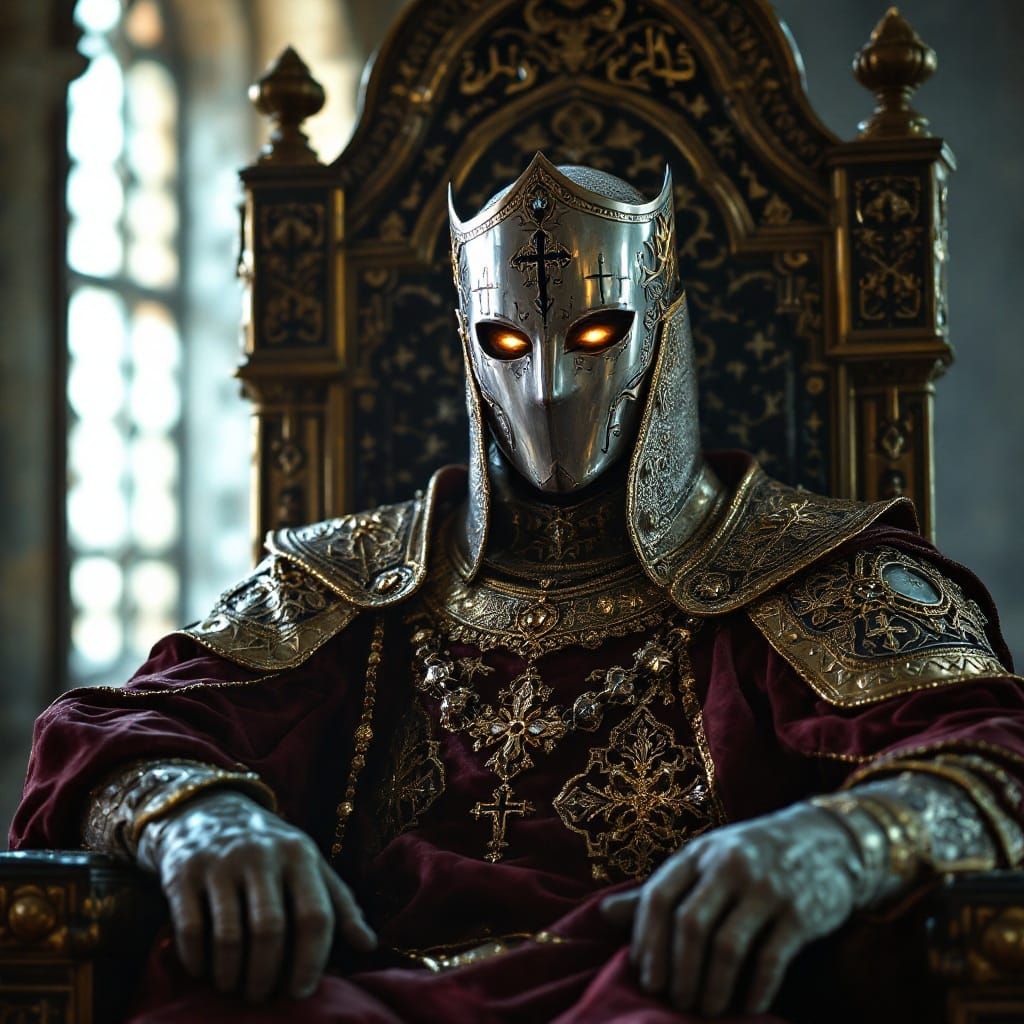 Medieval King Seated on Throne, Silver Mask Glimmering with ...