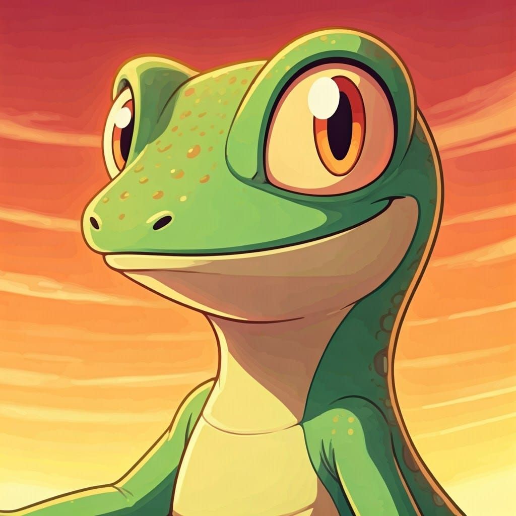 Youthful Green Gecko in Retro Anime Style