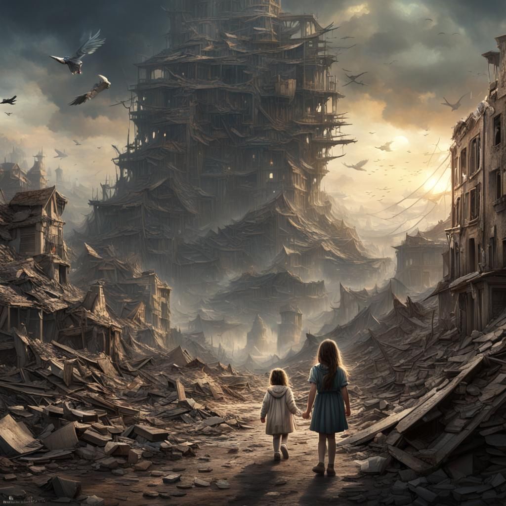 Angel Protects Girl in War Zone: Digital Painting