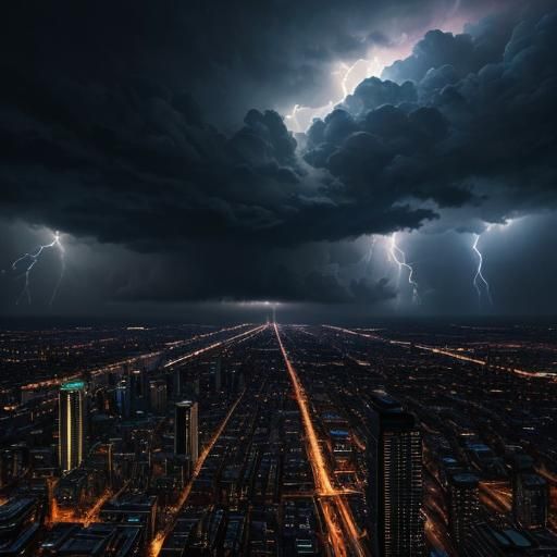 Hyperrealistic Thunderstorm Over Cityscape in Oil Painting S...