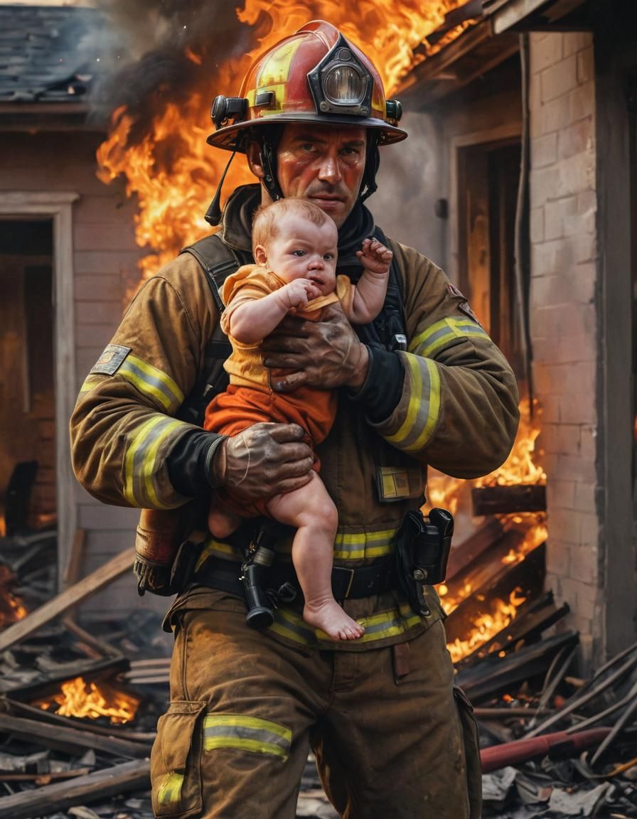 Firefighter's Rescue: A Dramatic Oil Painting