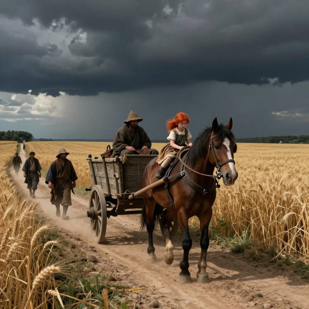 Dark Fantasy Scene: Cart Journey Through Wheat Fields