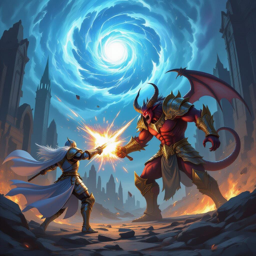 Knight Battles Demon in Celestial City Ruins