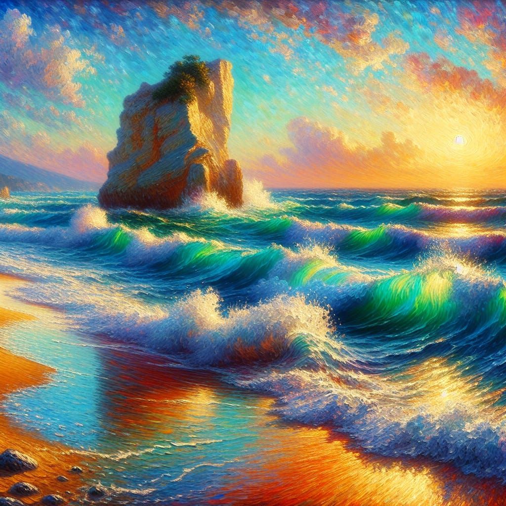 Lion Rock Seashore at Sunset: Impressionistic Oil Painting