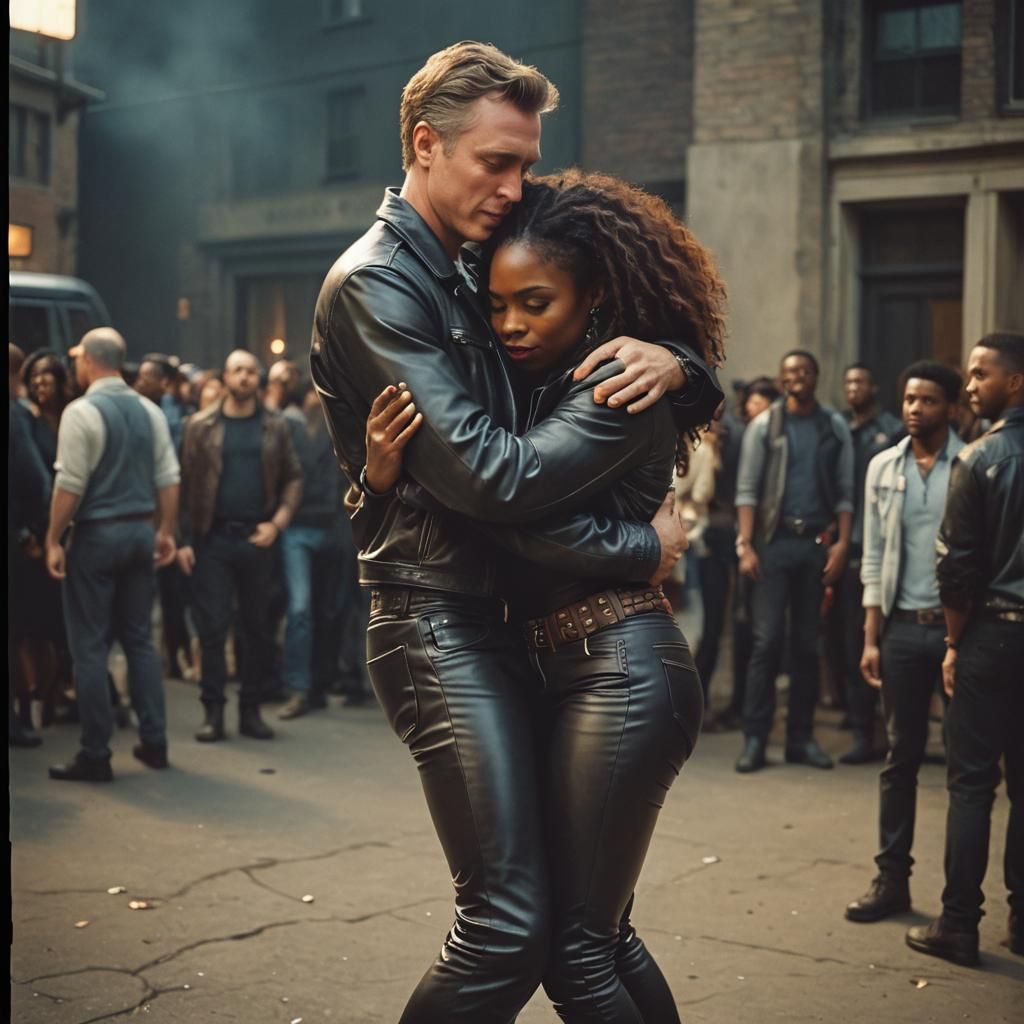 Interracial Couple Embrace: Cinematic Film Still